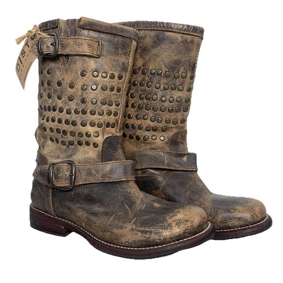 BED STU Cobbler Series Moto Boots Women 6 Brown Leather Studded Distressed NWT - Picture 1 of 12
